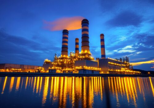 Power plant at twilight, reflected in water