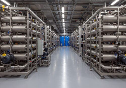 A large-scale industrial water treatment facility with intricate piping and filtration systems. Rows of stainless steel cylindrical tanks, gauges, and pipes create a complex network. A smooth, light gray floor reflects the overhead lighting, enhancing the clean, sterile environment. The setup suggests a highly automated and efficient process. This image is suitable for illustrating topics of engineering, water purification, manufacturing, industrial processes, and environmental technology. It can be used in reports, presentations, websites, and educational materials.